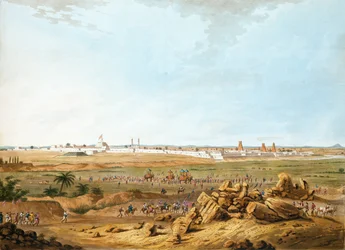 Vista Este de Seringapatam el 15 de mayo de 1791, ilustración de Doce Vistas de Mysore, el País del Sultán Tipu grabado y coloreado por J.W. Edy, publicado en 1804